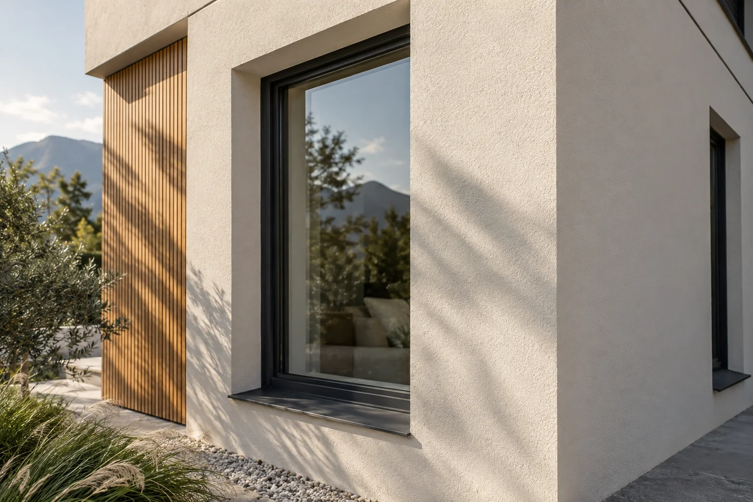 Präzise Fensterlaibung und mineralische Putzfassade – KI-Symbolbild