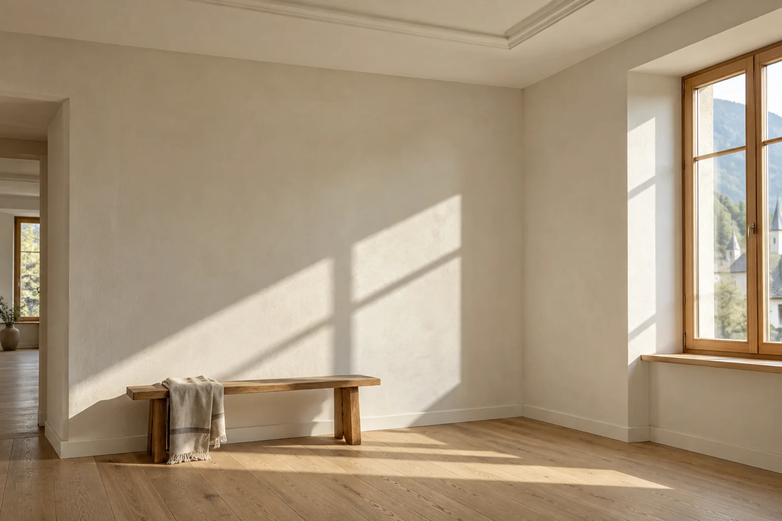 Renovierter Innenraum mit hellen Wand- und Deckenoberflächen – KI-Symbolbild